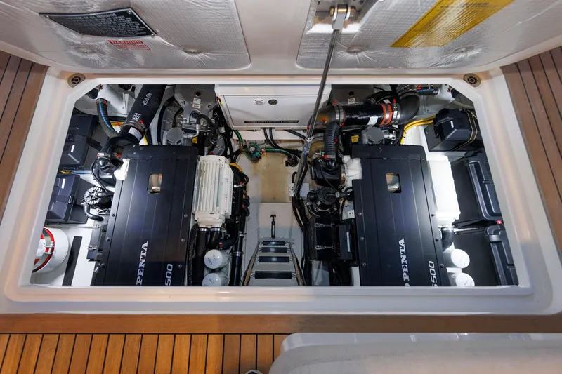  Yacht Photos Pics Engine compartment of 2022 Sabre 38 SE yacht with twin Volvo Penta engines.