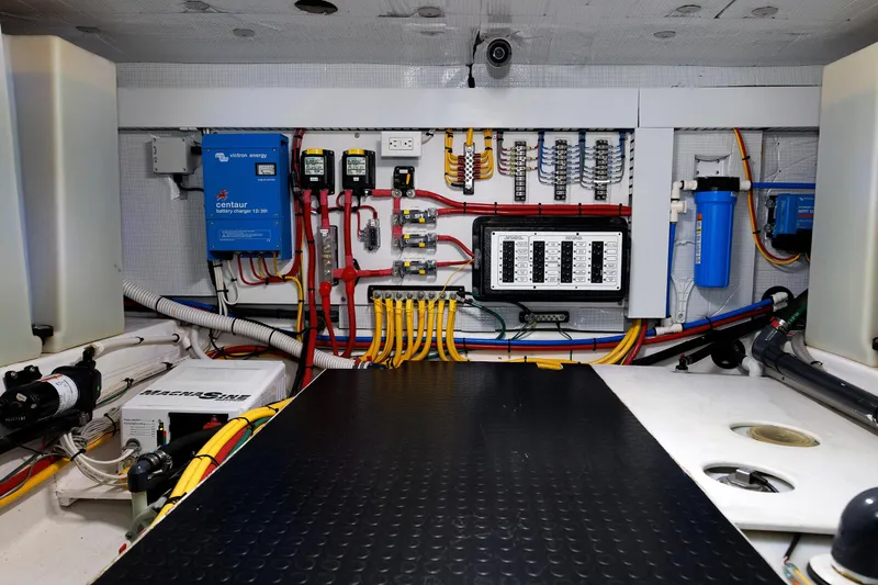  Yacht Photos Pics Electrical system of a 2022 Sabre 38 SE yacht, featuring wiring and components.