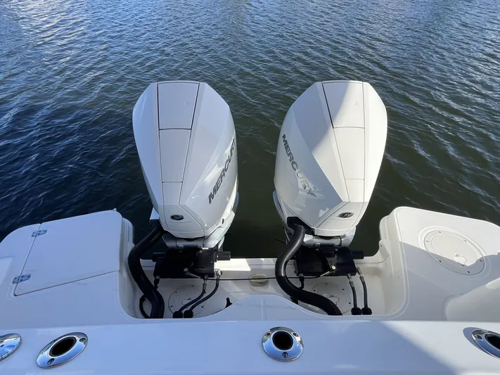  Yacht Photos Pics Boston Whaler 325 Conquest 2023 with dual Mercury outboard engines.