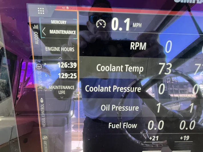  Yacht Photos Pics Dashboard of Boston Whaler 325 Conquest 2023 showing engine status.