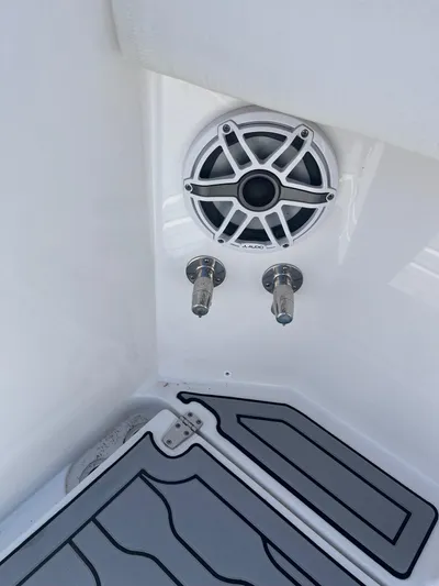  Yacht Photos Pics Edgewater 340CC 2021 boat interior with speaker and fixtures.