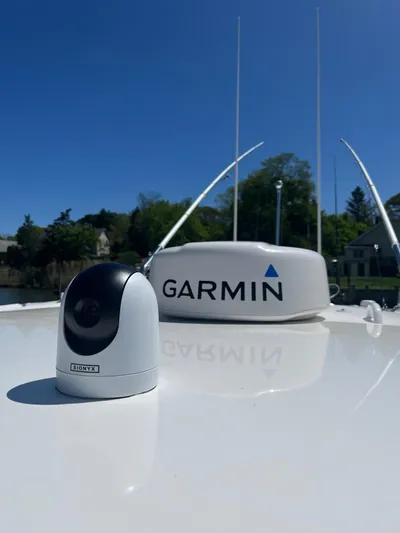  Yacht Photos Pics Edgewater 340CC 2021 boat with Garmin radar and camera on deck.