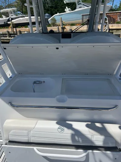  Yacht Photos Pics 2021 Edgewater 340CC boat with open storage compartment and sink.
