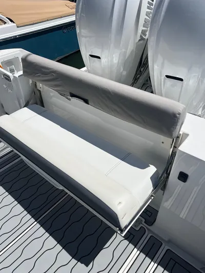  Yacht Photos Pics 2021 Edgewater 340CC boat with foldable rear bench seat and twin Yamaha outboard engines.