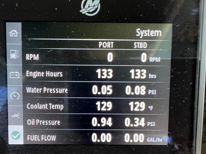  Yacht Photos Pics Dashboard display of a 2022 Boston Whaler 330 Outrage showing engine metrics.