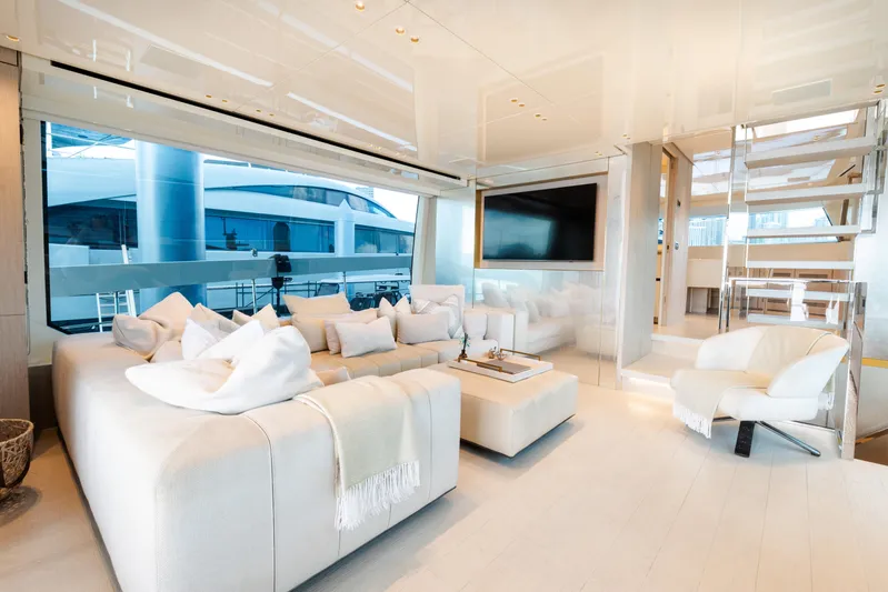 Vasiliki Yacht Photos Pics Luxurious interior of 2019 Sanlorenzo SX76 yacht with modern furnishings and large windows.