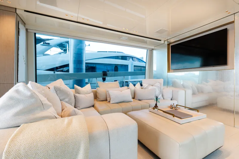 Vasiliki Yacht Photos Pics Luxurious interior of 2019 Sanlorenzo SX76 yacht with plush seating and large window view.
