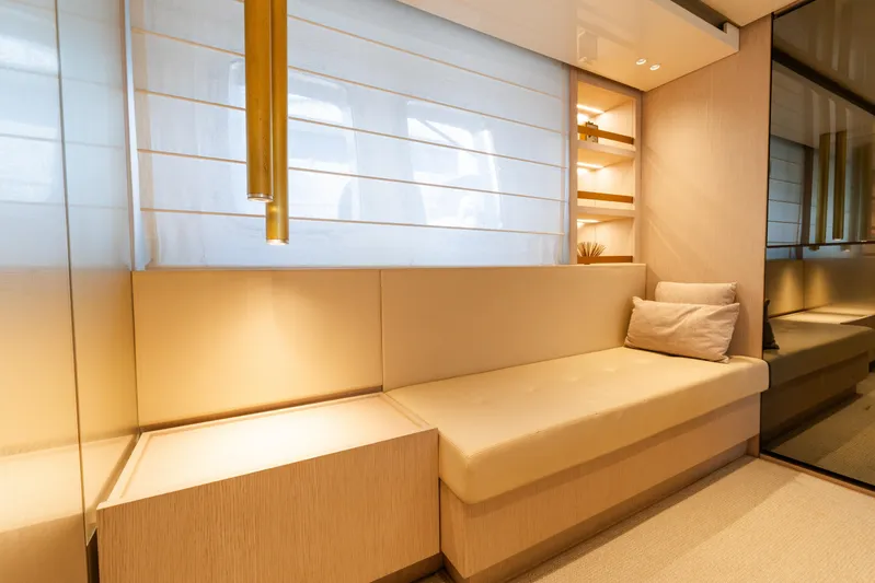 Vasiliki Yacht Photos Pics Luxurious interior of 2019 Sanlorenzo SX76 yacht with elegant seating and modern design.