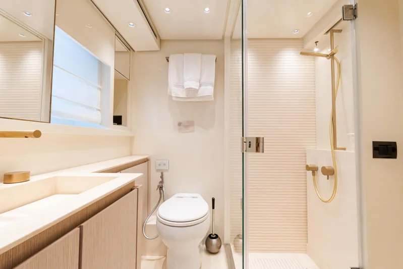 Vasiliki Yacht Photos Pics Luxurious bathroom on 2019 Sanlorenzo SX76 yacht with modern fixtures and elegant design.