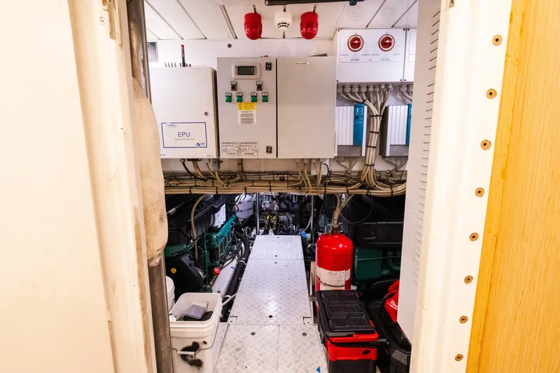 Vasiliki Yacht Photos Pics Engine room of 2019 Sanlorenzo SX76 yacht with control panels and equipment.