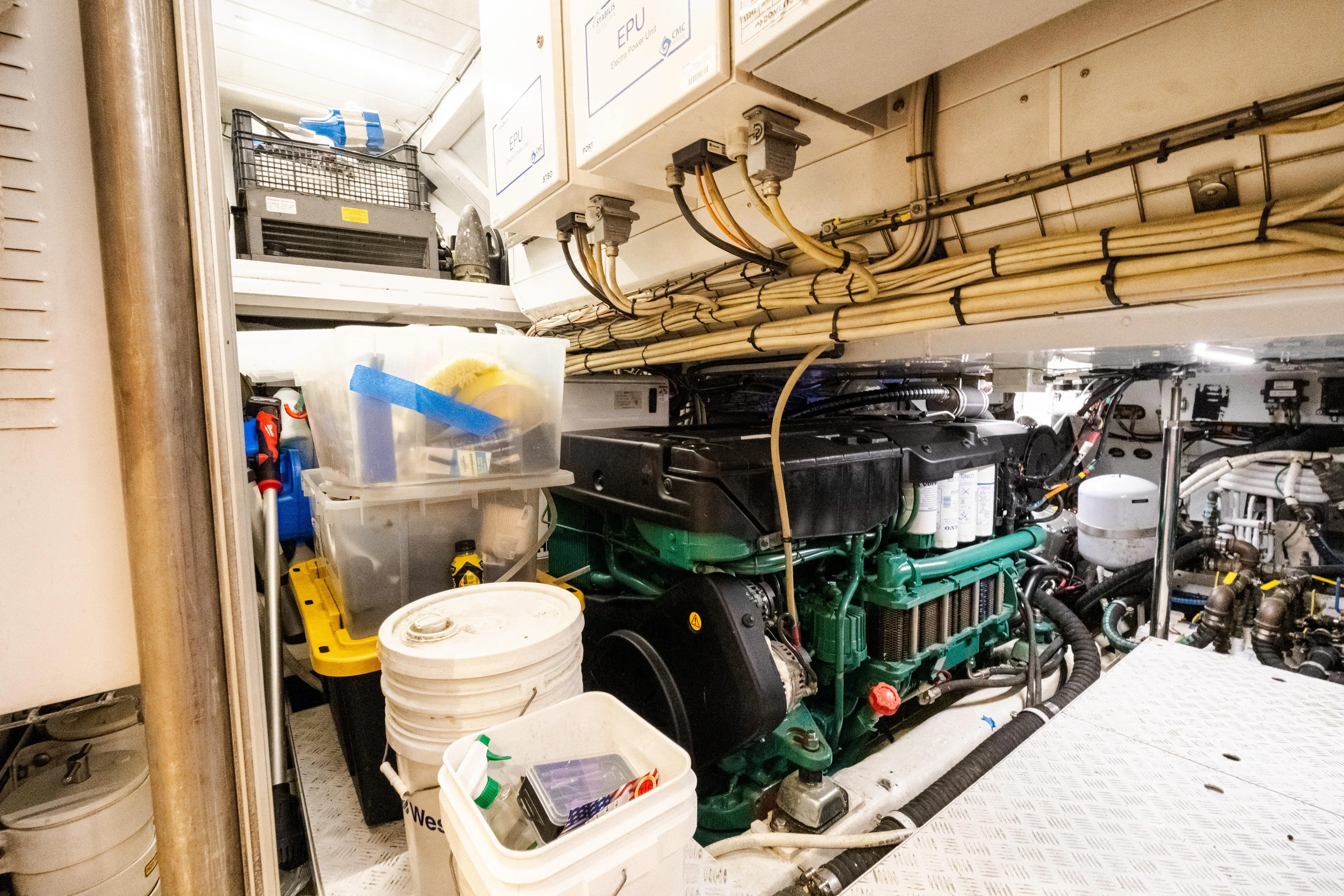 Vasiliki Yacht Photos Pics Engine room of 2019 Sanlorenzo SX76 yacht with organized tools and equipment.