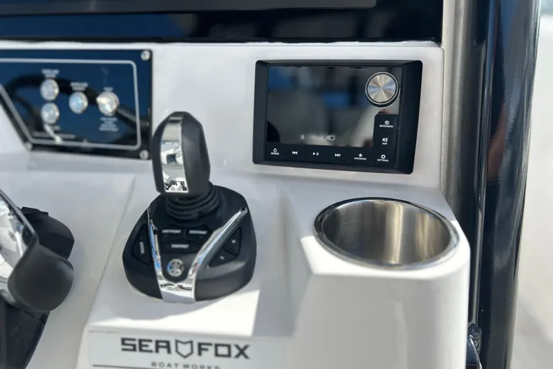  Yacht Photos Pics Control panel of 2026 Sea Fox 368 Commander boat with joystick and audio system.