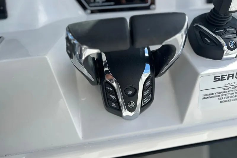  Yacht Photos Pics 2026 Sea Fox 368 Commander boat controls with modern throttle and joystick.