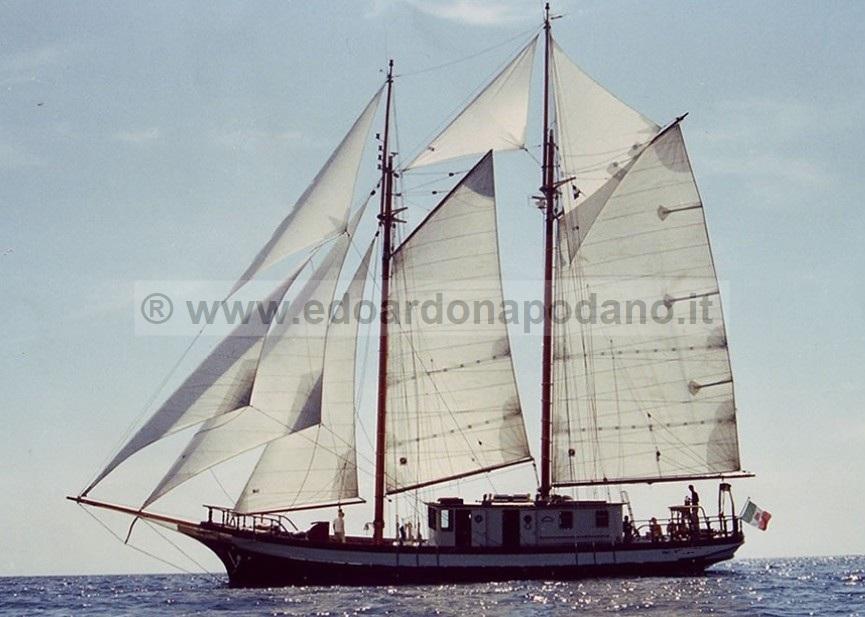 1925 Codecasa schooner sailing on open sea with full sails.