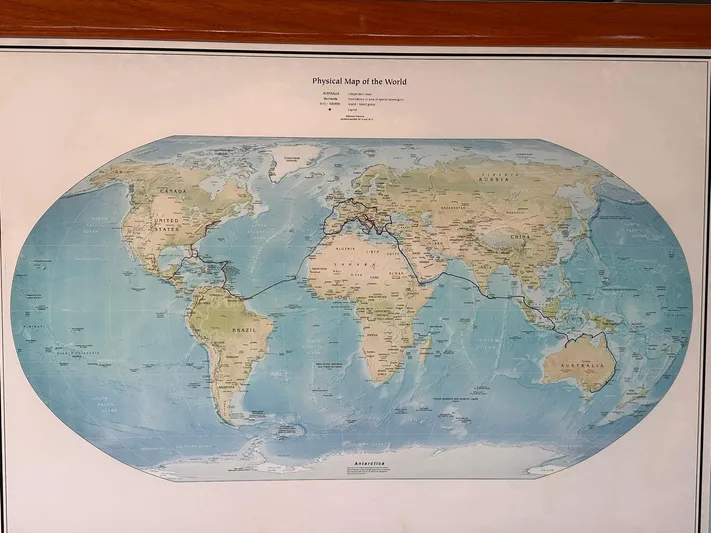 Beyond Capricorn 1 Yacht Photos Pics World map displayed on a Nordhavn 57 yacht, 2001 model.