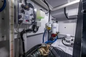 Oasis Yacht Photos Pics 2024 Northwest 55 engine room with advanced control systems and piping.
