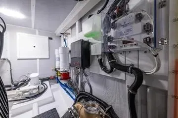Oasis Yacht Photos Pics Engine room of 2024 Northwest 55 model, showcasing advanced mechanical systems and components.