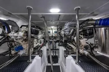 Oasis Yacht Photos Pics Engine room of 2024 Northwest 55 yacht, showcasing dual engines and mechanical systems.
