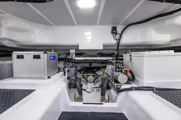Oasis Yacht Photos Pics 2024 Northwest 55 boat engine room with advanced equipment and wiring.