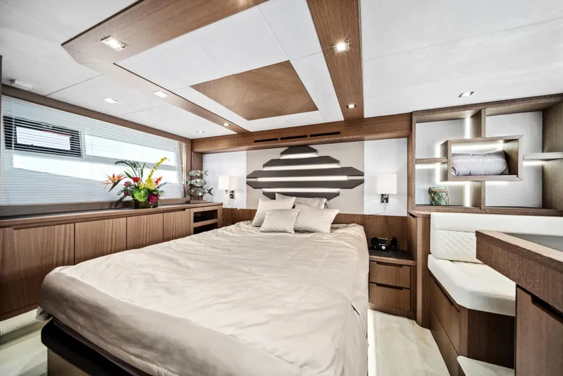  Yacht Photos Pics Luxurious bedroom interior of 2019 Galeon 560 Sky yacht with modern design.