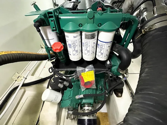  Yacht Photos Pics Engine compartment of 2019 Galeon 560 Sky yacht, showcasing detailed mechanical components.