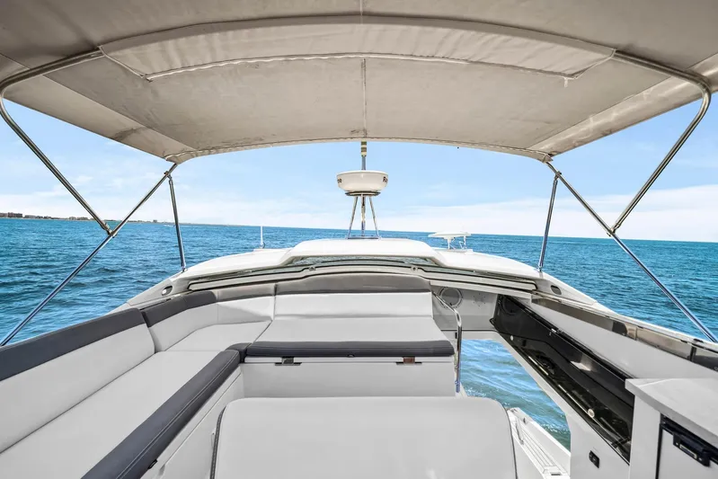  Yacht Photos Pics 2019 Galeon 560 Sky yacht interior with ocean view and spacious seating.