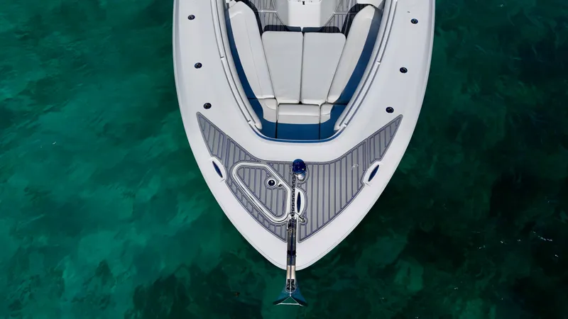  Yacht Photos Pics Top view of 2019 HCB 42 Siesta boat on clear turquoise water.