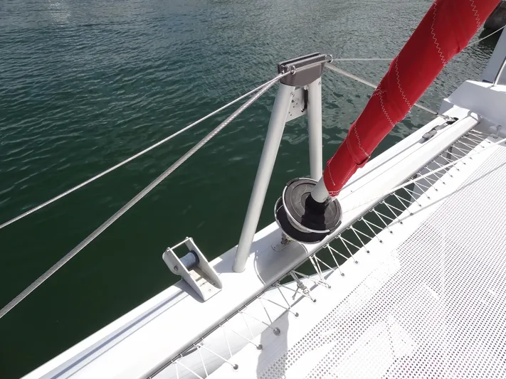 Blue Tiger Yacht Photos Pics Leopard 40 catamaran deck detail with red sail, 2021 model.