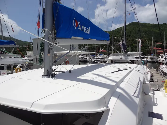 Blue Tiger Yacht Photos Pics Leopard 40 catamaran docked in marina, featuring Sunsail branding, 2021 model.