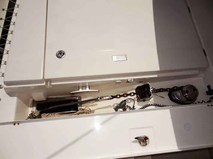 Blue Tiger Yacht Photos Pics Anchor locker of a 2021 Leopard 40 catamaran with chain and winch.