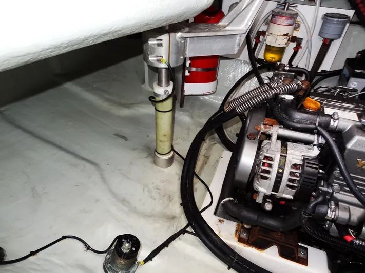 Blue Tiger Yacht Photos Pics Engine room of 2021 Leopard 40 catamaran, featuring mechanical components and wiring.