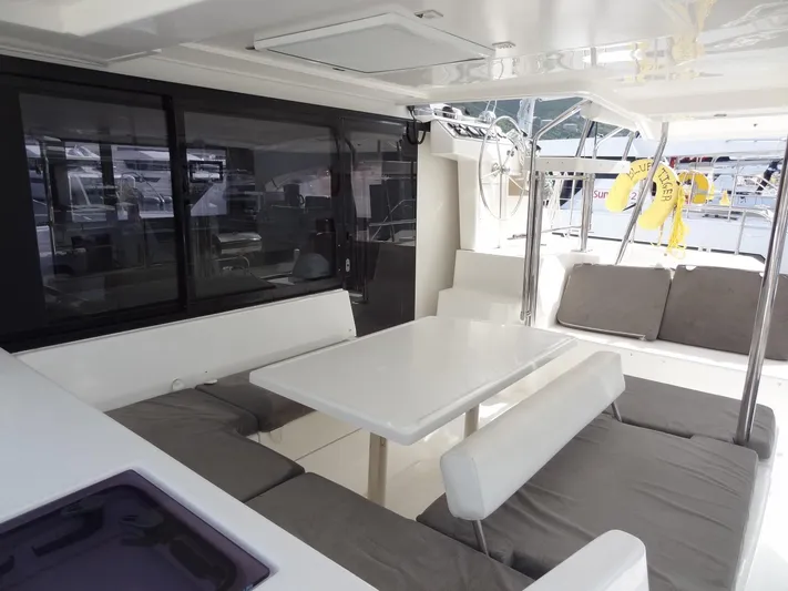 Blue Tiger Yacht Photos Pics Spacious outdoor seating area on a 2021 Leopard 40 catamaran.