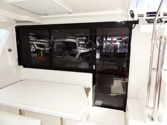 Blue Tiger Yacht Photos Pics Leopard 40 catamaran interior with sliding glass doors, showcasing modern design, 2021 model.