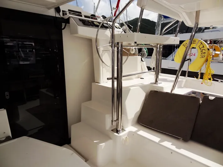 Blue Tiger Yacht Photos Pics Sleek interior of 2021 Leopard 40 catamaran with modern helm and seating area.