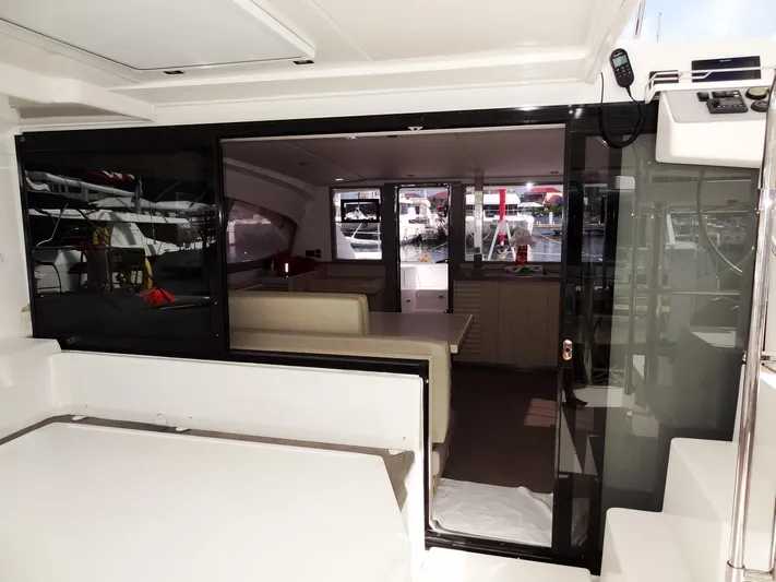 Blue Tiger Yacht Photos Pics Interior view of a 2021 Leopard 40 catamaran, featuring a modern, spacious cabin.