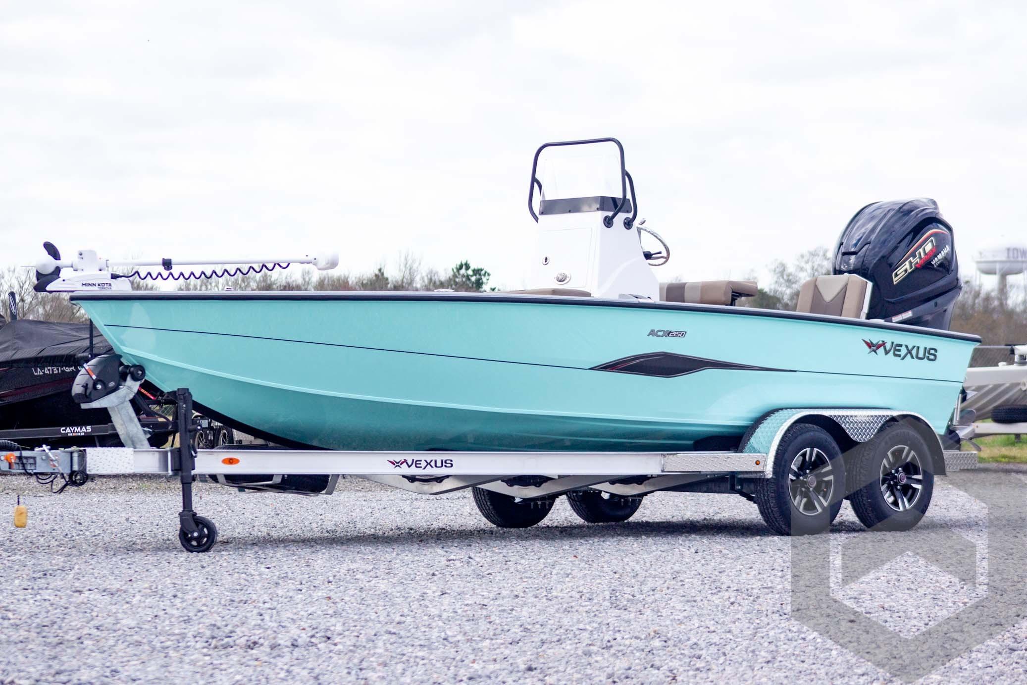 2026 Vexus ACX 2150 boat on trailer, turquoise hull, outboard motor, gravel lot.