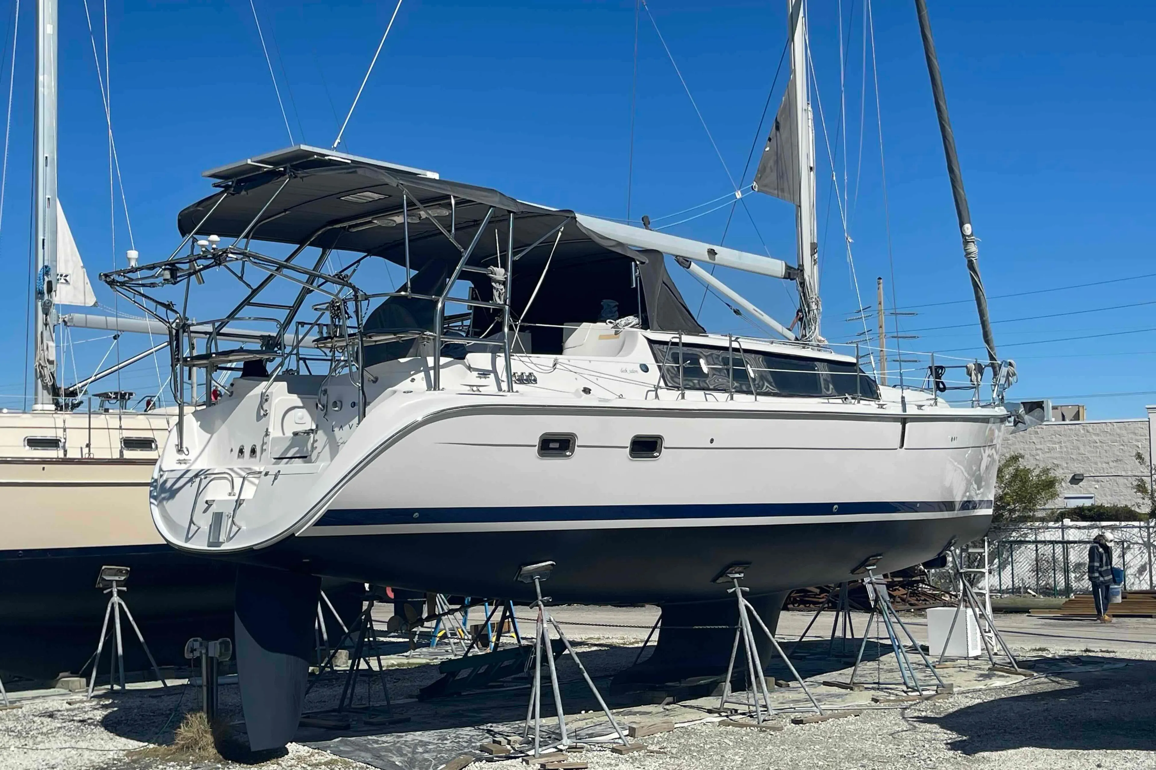 2003 Hunter 426 Deck Salon sailboat on stands, ready for maintenance.