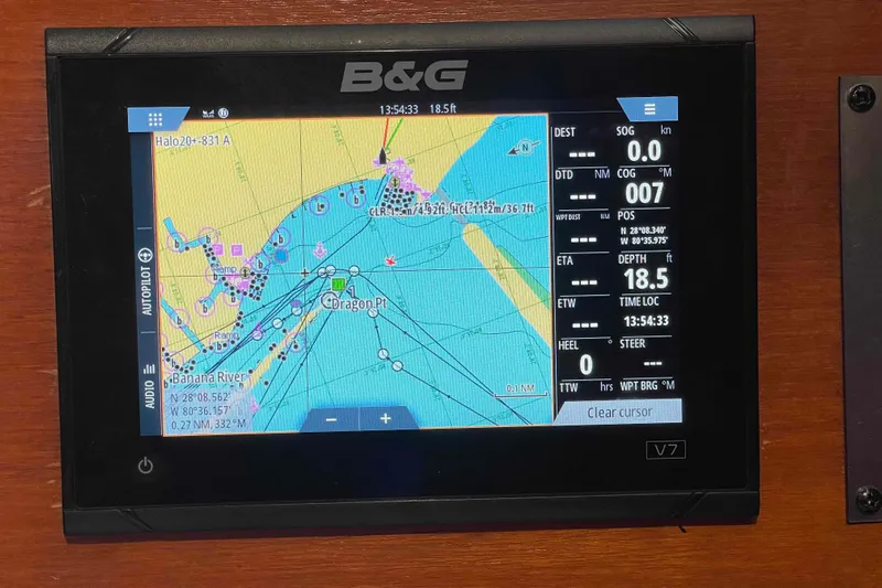 La Veda Yacht Photos Pics B&G navigation display on 2003 Hunter 426 Deck Salon, showing map and sailing data.
