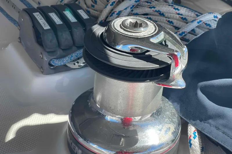 La Veda Yacht Photos Pics Winch and ropes on 2003 Hunter 426 Deck Salon sailboat deck.