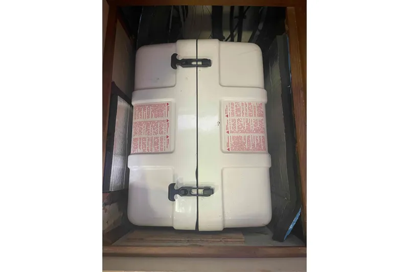 La Veda Yacht Photos Pics Storage compartment on a 2003 Hunter 426 Deck Salon sailboat.