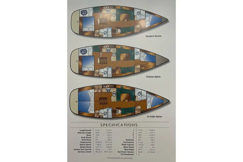 La Veda Yacht Photos Pics Floor plans and specifications for 2003 Hunter 426 Deck Salon yacht, featuring three layout options.