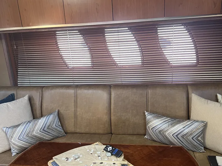  Yacht Photos Pics Interior of 2006 Sea Ray 48 Sundancer with leather seating and wooden blinds.