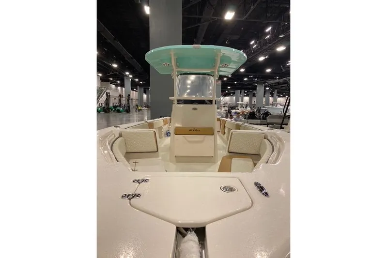  Yacht Photos Pics 2026 Sea Chaser 30 HFC CC boat interior at an indoor exhibition.