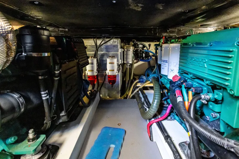 Lady Di Yacht Photos Pics Engine room of 2012 Beneteau Swift Trawler 44, showcasing mechanical components and systems.