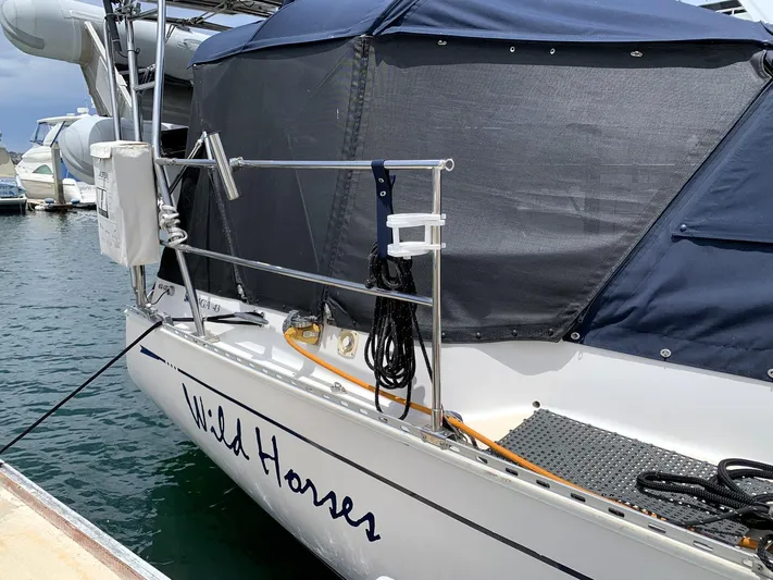 Wild Horses Yacht Photos Pics Saga 43 sailboat from 2002 named "Wild Horses" docked at a marina.