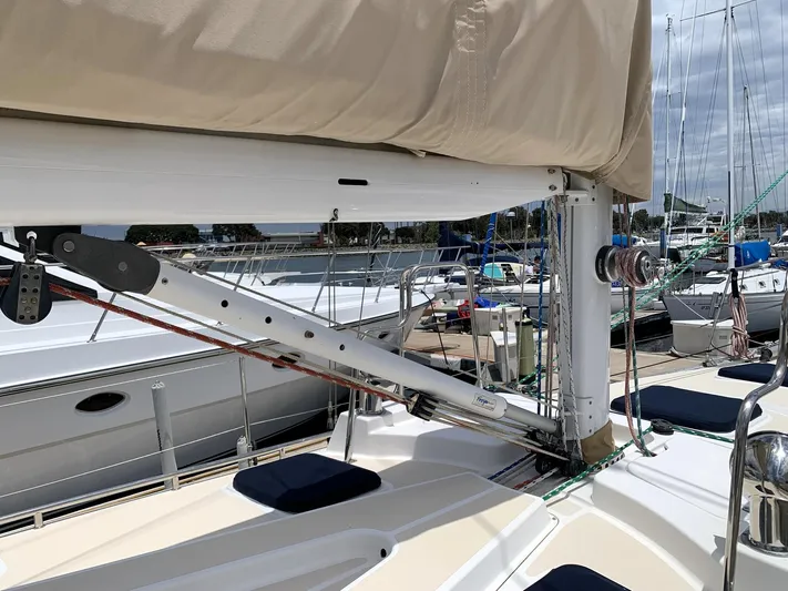 Wild Horses Yacht Photos Pics Sailboat deck with rigging, Saga 43 model, 2002, docked at marina.