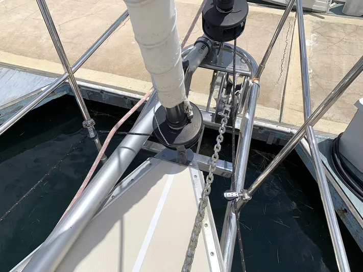 Wild Horses Yacht Photos Pics Bow of 2002 Saga 43 sailboat with anchor chain and deck details.