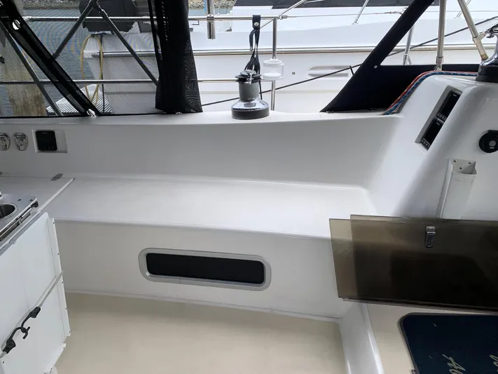 Wild Horses Yacht Photos Pics Cockpit of 2002 Saga 43 sailboat with seating and winch.