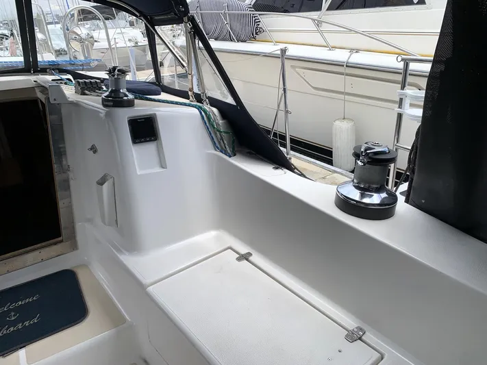 Wild Horses Yacht Photos Pics Cockpit of 2002 Saga 43 sailboat with winches and seating area.