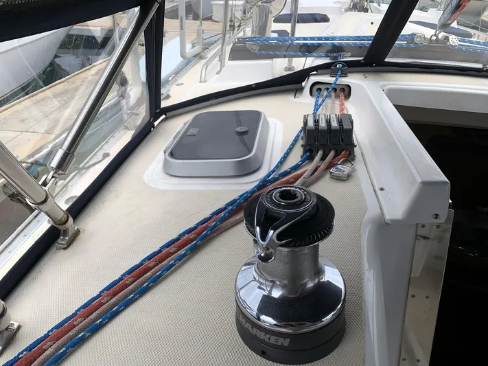 Wild Horses Yacht Photos Pics Deck of 2002 Saga 43 sailboat with winch, ropes, and hatch.